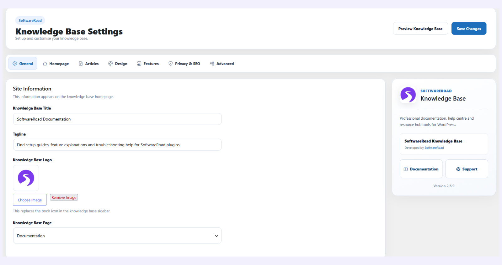 SoftwareRoad Knowledge Base settings inside the WordPress admin area