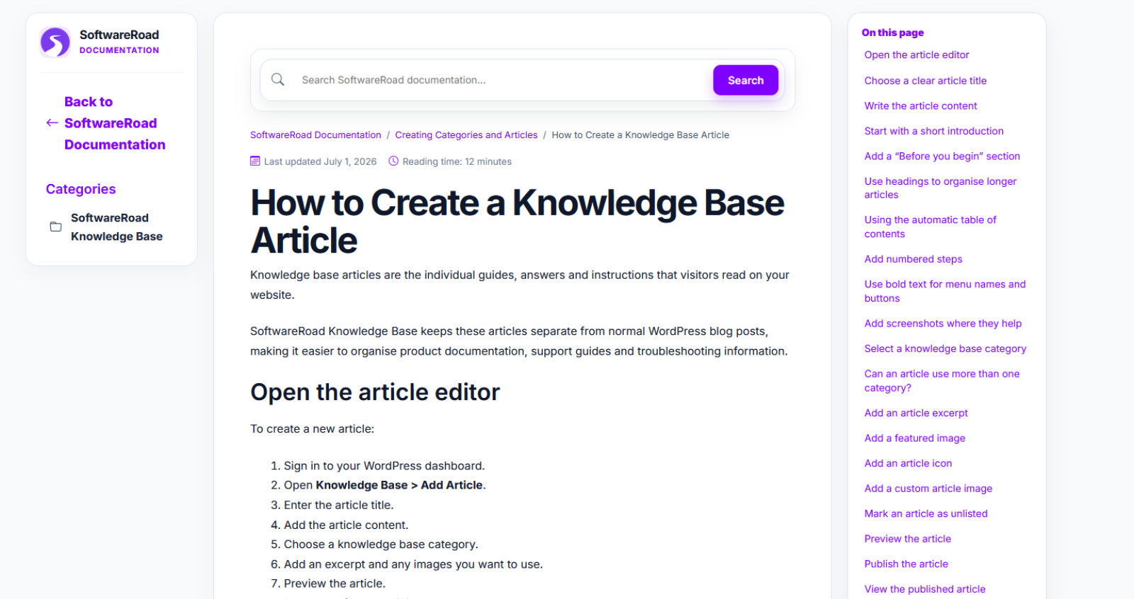 SoftwareRoad Knowledge Base article showing breadcrumbs and article navigation