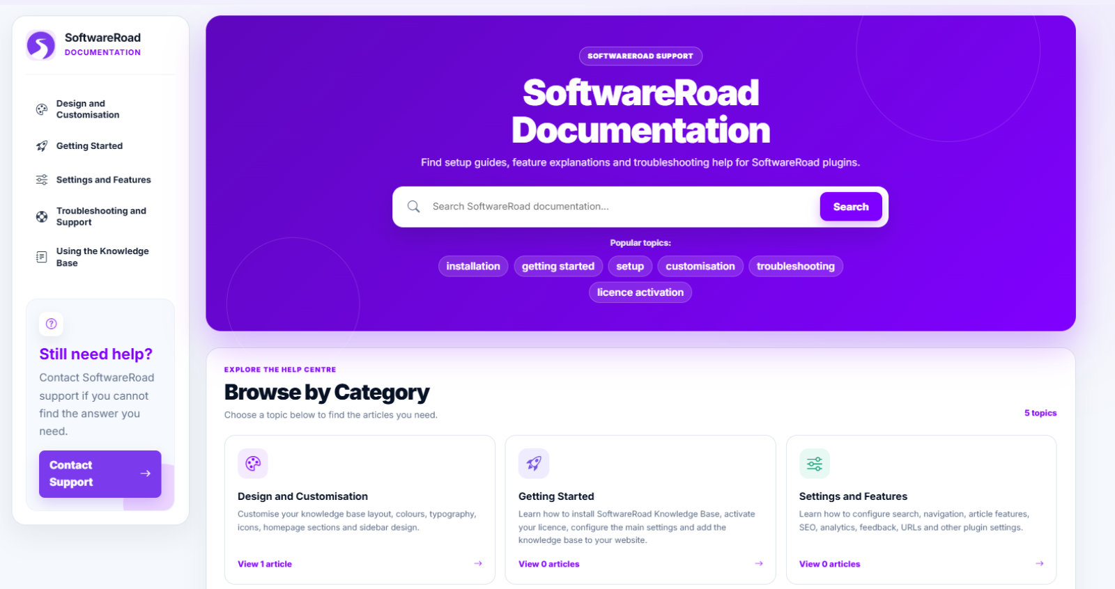 SoftwareRoad Knowledge Base homepage showing searchable WordPress documentation