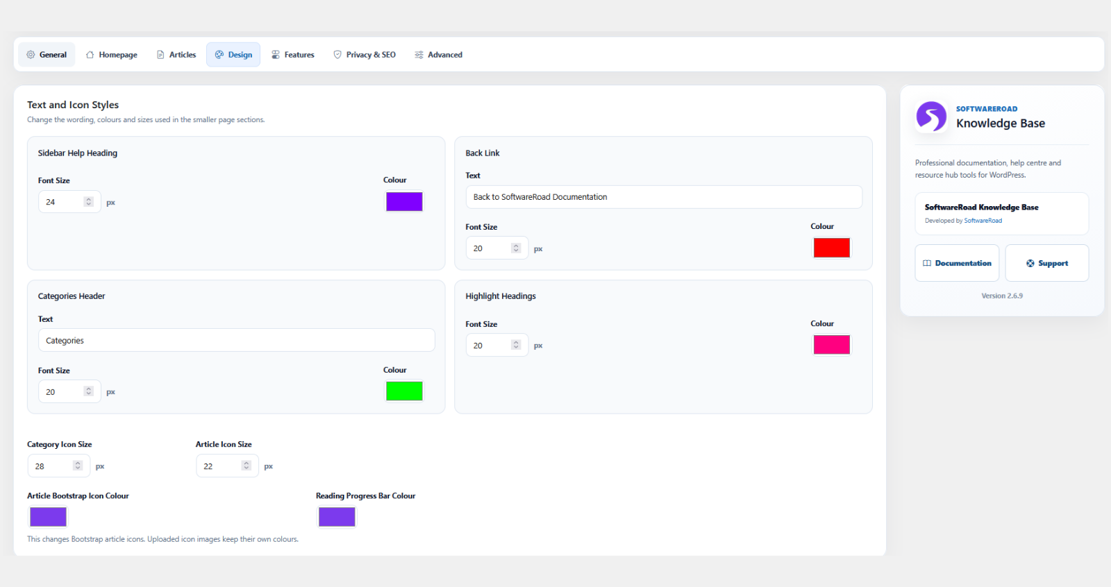 SoftwareRoad Knowledge Base design and customisation settings inside WordPress
